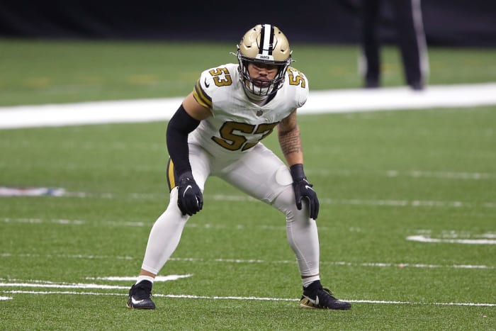 New Orleans Saints linebacker Zack Baun (53) on the kickoff return team.